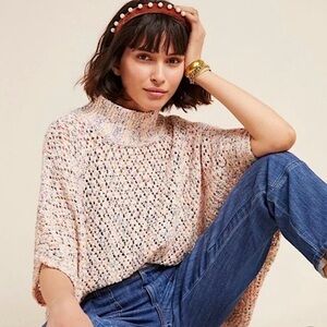 ANTHRO‎ AKEMI + KIN Boho Chunky Confetti Knit Mockneck Poncho Oversized Sweater